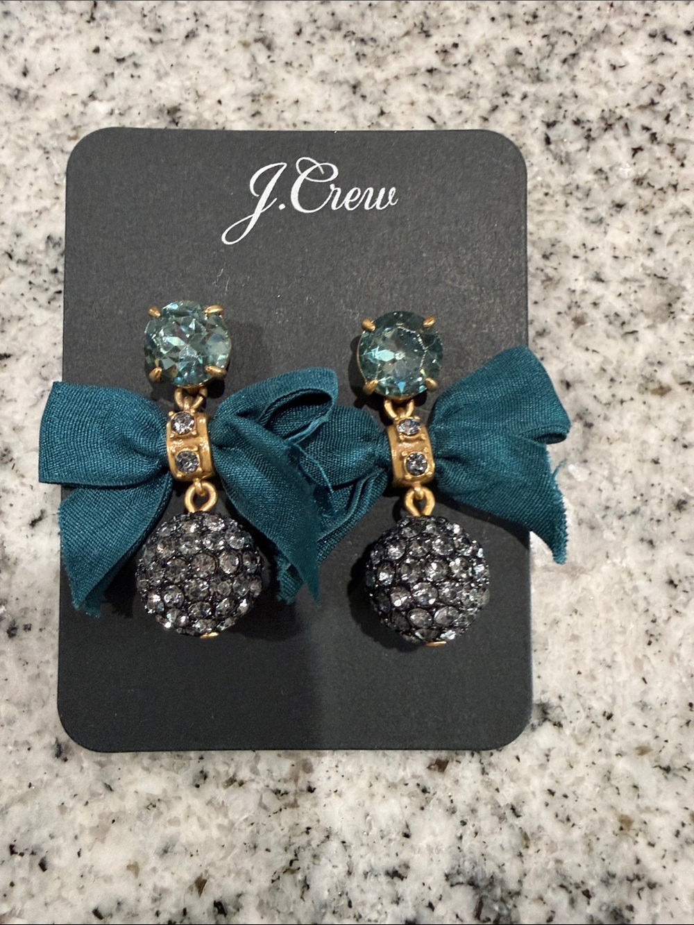 J. Crew Teal Bow Drop Earrings with Pavé Sphere